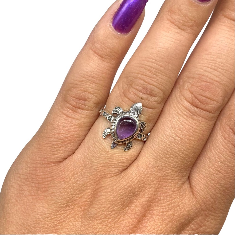 Amethyst Turtle Ring Solid Sterling Silver 925 Genuine Natural Stone Size 6 - Picture 5 of 6